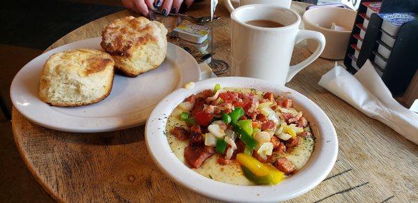 Loaded Cajun ham and grits with biscuits