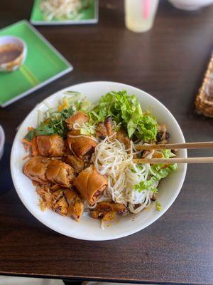 Charbroiled chicken and shrimp over vermicelli