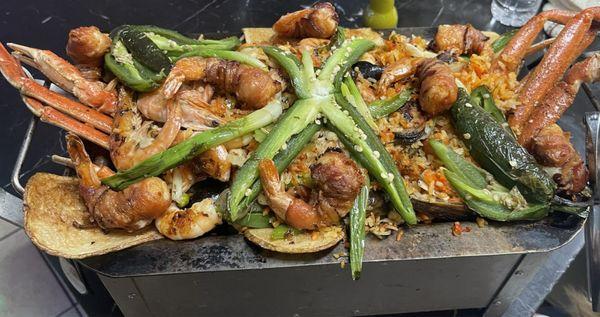 Delicious  paella with wrapped shrimp