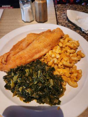 Fried catfish with collard greens and mac and cheese