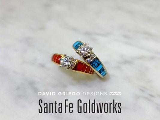 Our Sweetheart Diamond Rings with Coral or Turquoise Inlay.