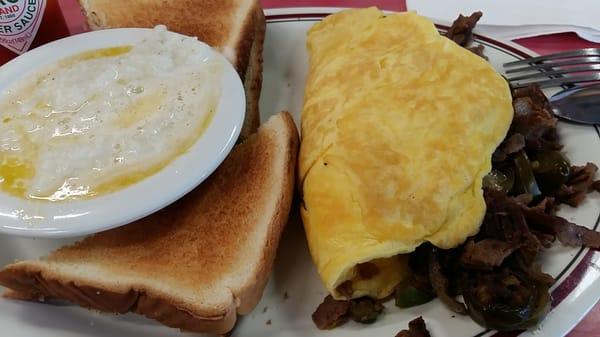 Philly Cheese Steak Omelet with Swiss Cheese and Jalapenos