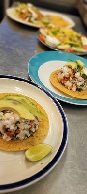 Shrimp ceviche and pollo asado salad