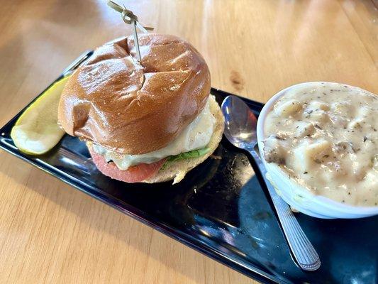 Burger with clam chowder