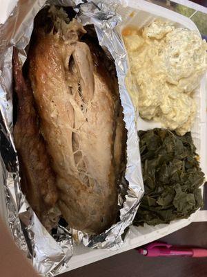 Turkey Wing Dinner 2pc dry and tasteless, chunky Potato salad ea. overly vinegar'd Collard Greens ea.