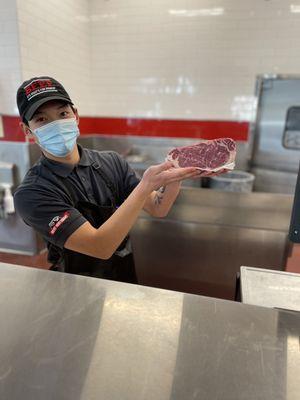 This dude cut this steak to order within 10th of a pound on the first try. What a boss!