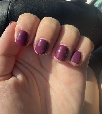 Gel nails. Feel like they could have painted closer to my cuticles on some of them...