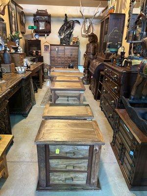 Rustic, luxurious end tables and file cabinet