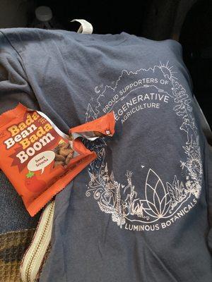 I picked up some yummy sirriacha snacks and a wonderful T-shirt that resonated with my sabbatical farmer soul at the donation center swap.