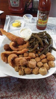 Catfish, okra, green beans and hush puppies.