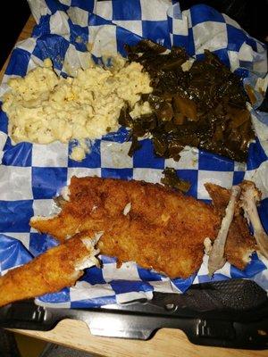 Whiting platter potato salad and greens