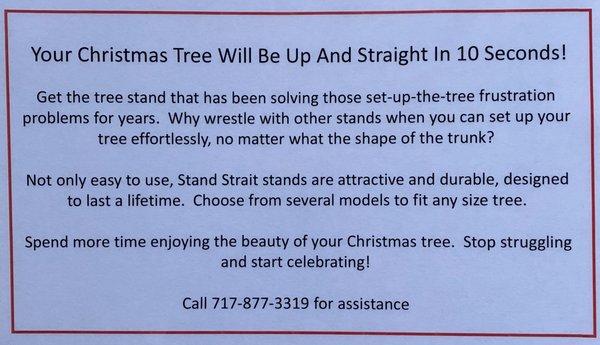 Never get upset putting up a Christmas tree again, we have the BEST tree stand available.