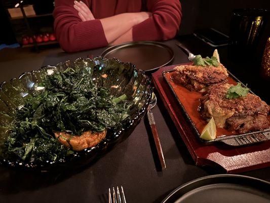 Duck and spinach with butternut squash, carrots, and green beans