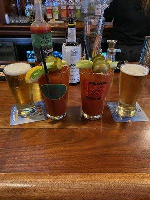 Bloody Mary's with beer chasers. Bloody made with Guinness Beer base. Very tasty Bloody!