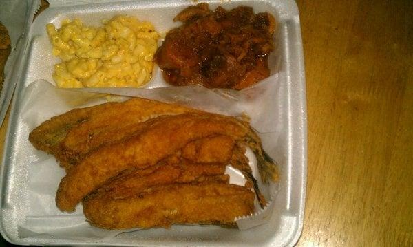 Fried Lake Trout dinner, mac & cheese, candied yams $12.99