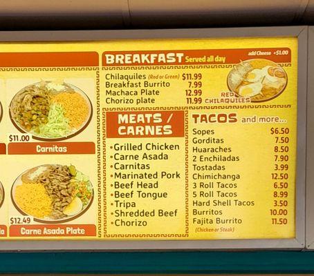 Breakfast and taco menus