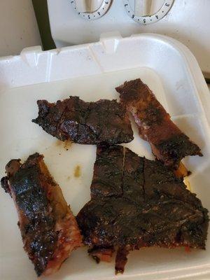 Burnt and flavorless ribs.