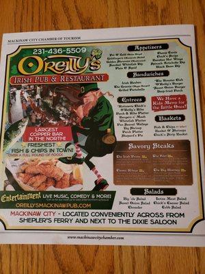 Back page of magazine. Yes O'Reilly's is a true Irish Pub with satisfying Food & Spirits with a comfort style decor inside.