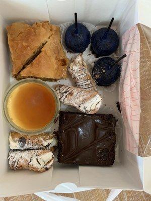 Baklava, cake pops, cannolis, fudge brownie, crème brûlée