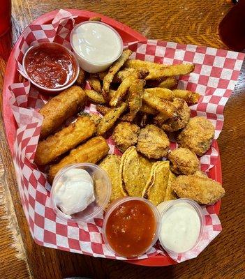 Sampler App - fried pickles, mini tacos, cheese sticks and fried mushrooms