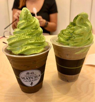 Left: Hojicha float with matcha soft serve. Right: Hojicha latte float (with milk!) with matcha soft serve.