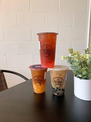 Top to bottom: strawberry mango tea w/ strawberry jelly, mango passion fruit black tea w/ logan, oolong milk tea w/ tapioca