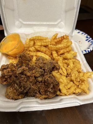 Fried conch/chicken liver plate.  Freshly prepared, hot and delicious!!