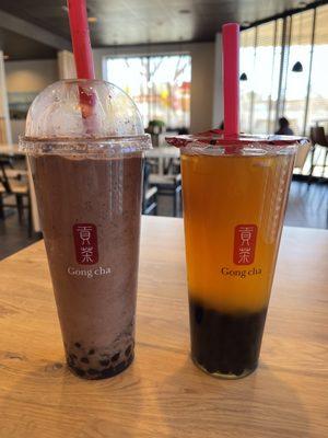 Caramel Chocolate Milk Slush with boba and Oreo crumbs Passion Passionfruit Green Tea with boba