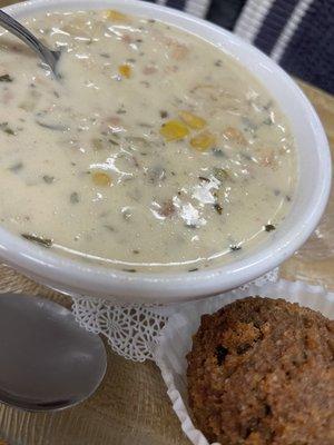 Fabulous seafood chowder served with a homemade mini muffin. Coming back for more of this!