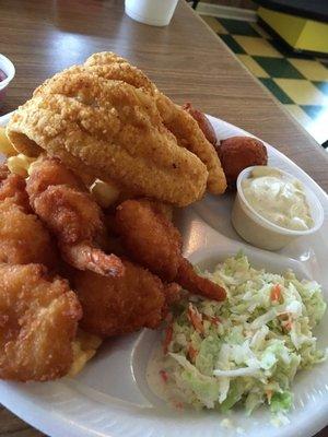 Platter of goodness (catfish, shrimp & hushpuppies fried to perfection)