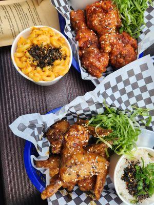 Fried chicken, spring onion salad, kimchi mac and chesese