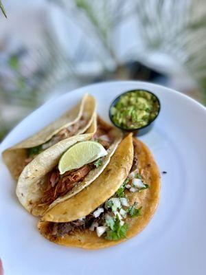 Left to right... Chicken tinga, cochinita, Barbacoa. Fresh guacamole.