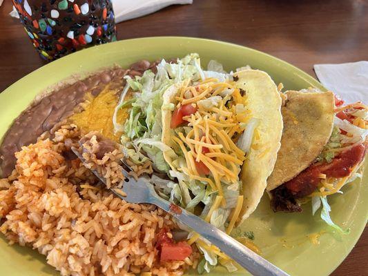 Shredded beef tacos w/rice & beans.