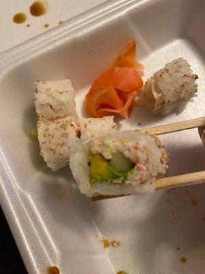 Simple California Roll. VERY small rolls, kind of tastes old.