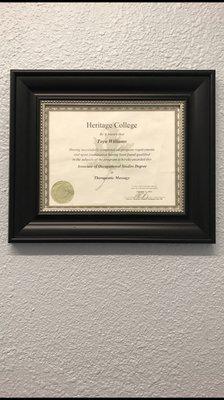 Associates Degree in Therapeutic Massage.