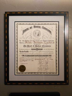 Dr. Zacher's Original North Carolina License! Looks like an antique, doesn't it. Don't tell Dr. Zacher that!