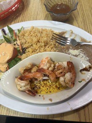 Garlic shrimp with rice, beans, salad and a side of tortillas