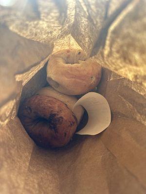 my bagels :) cheddar jalapeño, plain, everything, and chocolate chip