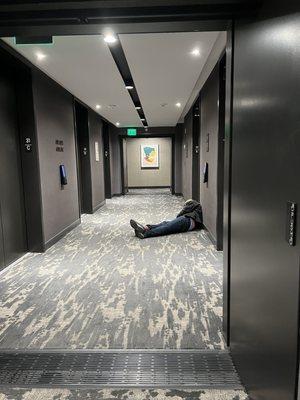 Homeless guy found his way to the 31st floor. Unclear how he got past the people at the front desk.