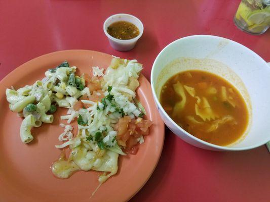 Mac salad. Enchilada in green sauce. Pasta soup.