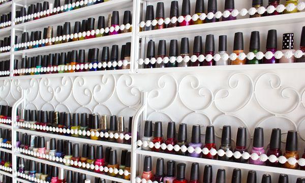 Nail polish products displayed at entryway.