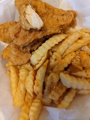 Chicken Tenders from Haha Pizza. Perfect salt level. My cat loves these, too (I let her piece cool off).