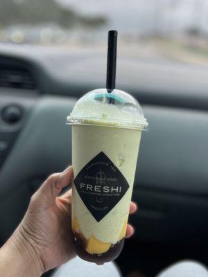 Avocado smoothie with coffee jelly and egg custard