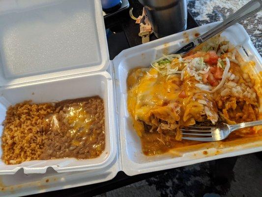 combo plate with 4 choices - shredded beef and cheese burrito, chicken enchilada, ground beef enchilada, and cheese enchilada.