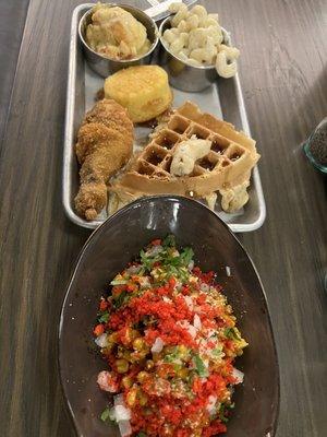 Fried chicken and waffles & esquite corn