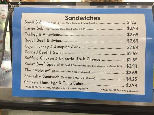 Deli sandwich menu