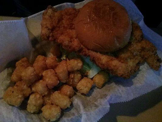 Hand-breaded pork tenderloin and tater tots