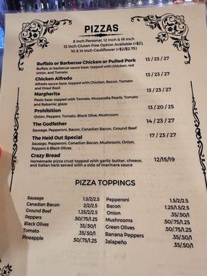 Pizza menu