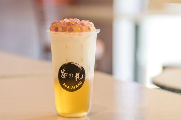 Tea Maru Latte with strawberry, mango and sweet potato boba