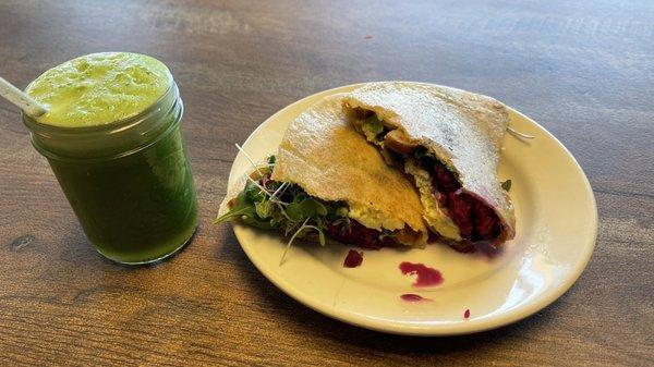 Egg & sausage melt, with a Green Grazer juice. Yum!